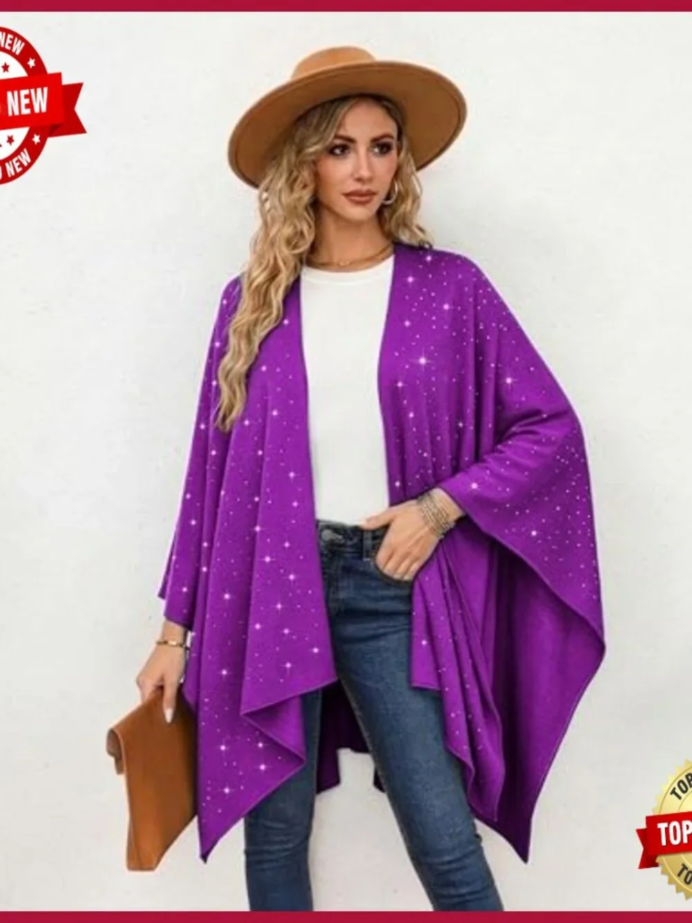 Open Front Rhinestone Poncho Shawl Wrap Cape Cardigan Ruana - Picture 4 of 5
